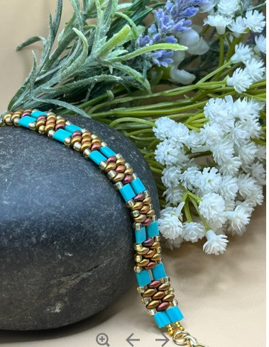 Turquoise & Gold Miyuki Tila and SuperDuo Handwoven Bracelet