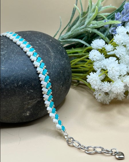 Handmade Turquoise Blue & White Herringbone Bracelet - Premium Miyuki Tila Beads