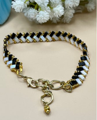 "Handmade Black & White Herringbone Bracelet - Premium Miyuki Tila Beads"