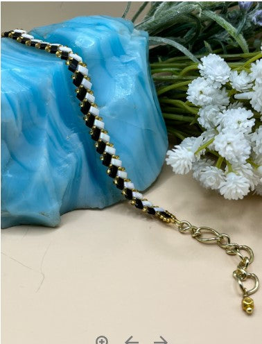 "Handmade Black & White Herringbone Bracelet - Premium Miyuki Tila Beads"