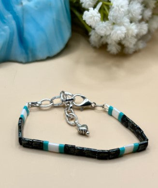 Stackable Miyuki Tila Bead Bracelets - Picasso Black, Turquoise & White | Handmade Chain Bracelets
