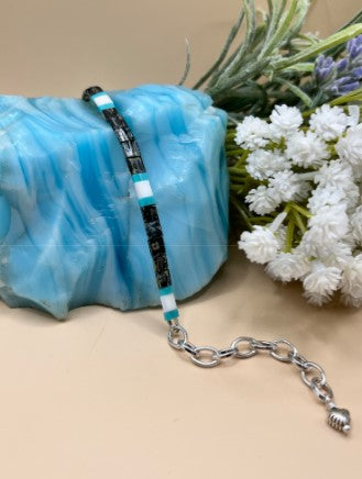 Stackable Miyuki Tila Bead Bracelets - Picasso Black, Turquoise & White | Handmade Chain Bracelets