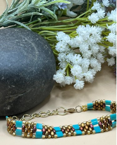 Turquoise & Gold Miyuki Tila and SuperDuo Handwoven Bracelet