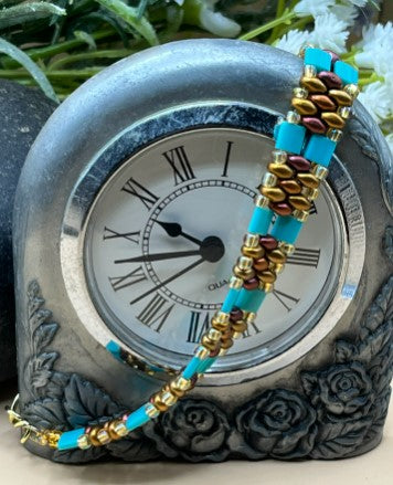 Turquoise & Gold Miyuki Tila and SuperDuo Handwoven Bracelet
