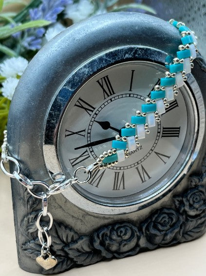 Handmade Turquoise Blue & White Herringbone Bracelet - Premium Miyuki Tila Beads