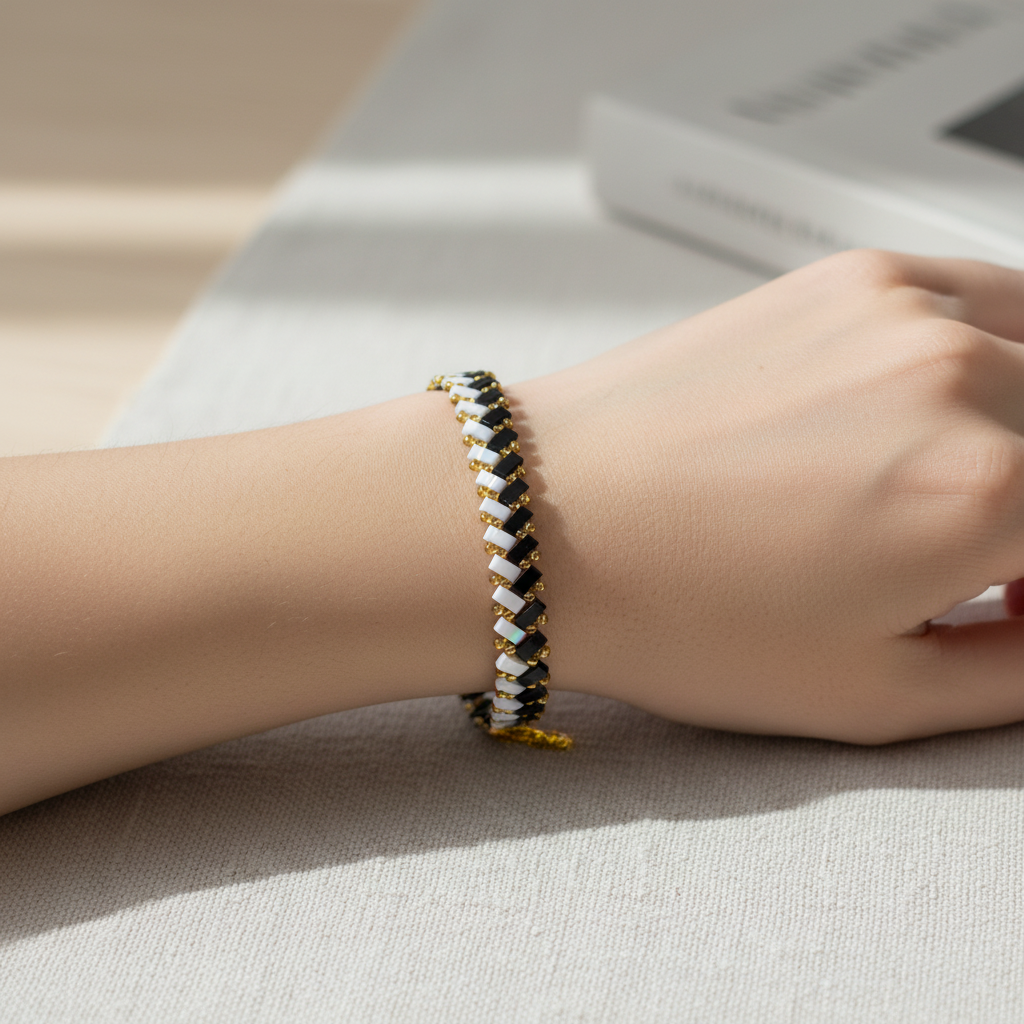 Black & White Herringbone Bracelet on Wrist